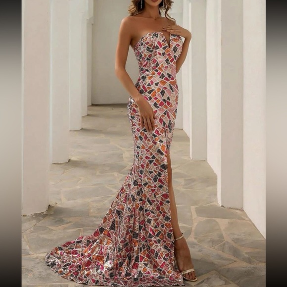 Luxe slit thigh mermaid hem party formal sequins tube drezs - Picture 7 of 7